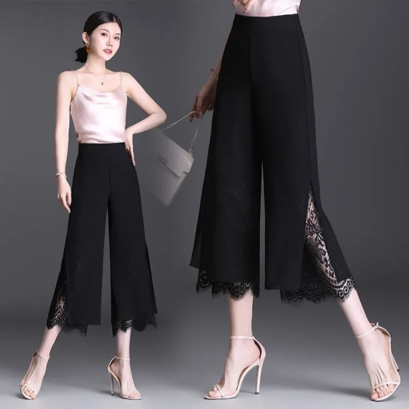 Women Split Lace Patchwork Elegant Straight Wide Leg Cropped Trousers Female Summer Black Loose High Waist Thin Pants Pantalones