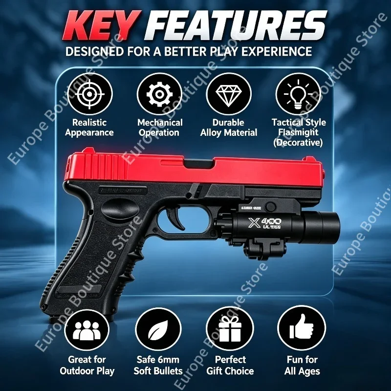 G17 Alloy Toy Gun Full Kit – Shooting Toy with X400 Flashlight, Magazines & Bullets | Long-Range Kids Birthday Game Gift