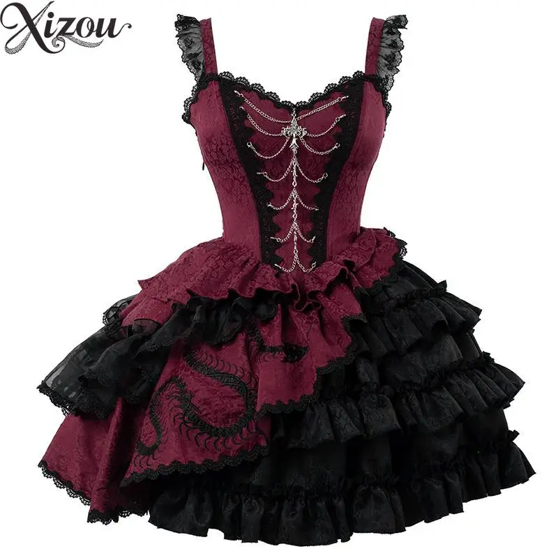 

2025 New Chinese Gothic Dark Lolita JSK Dress High Waist Slim Flare Sleeve Shrug Y2K Dresses Cyber Punk Chain Sweetheart Neck
