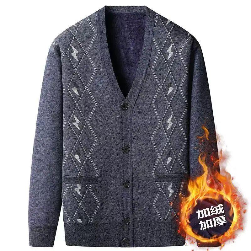 

Autumn Winter Men's Knitted V Neck Sweater Cardigan Thickened Warm Comfortable Long-sleeved Jacket Coat