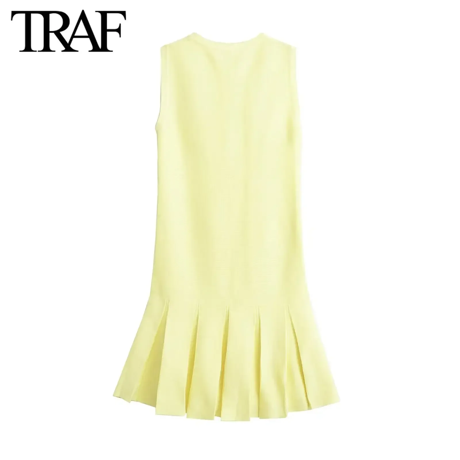 TRAF Women Fashion Summer New Yellow Buckle Pocket Wide Pleated Knitting Crewneck Vest Mini Dress Chic Female Elegant Evening