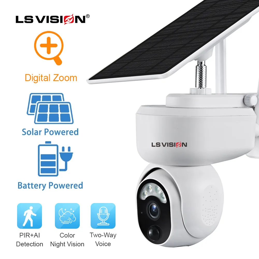 LSVISION-Caméra de surveillance solaire extérieure, caméra de sécurité, vision nocturne PTZ, détection de mouvement, 4MP, Wi-Fi, 4G EpiCard, 360 °