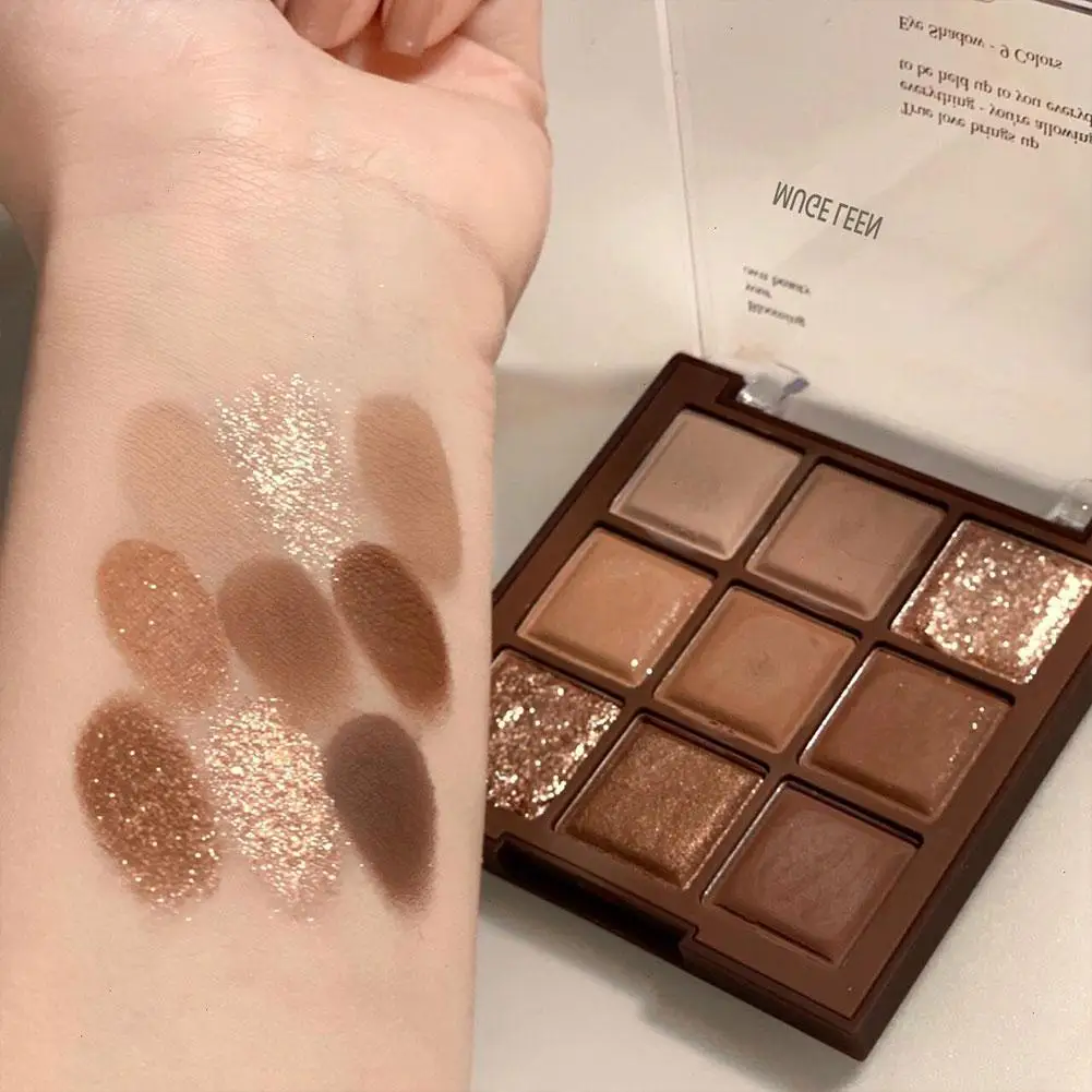 Paleta de sombras com 9 cores, marrom chocolate, perolado, fosco, glitter, brilhante, à prova d'água, maquiagem de longa duração, cosméticos