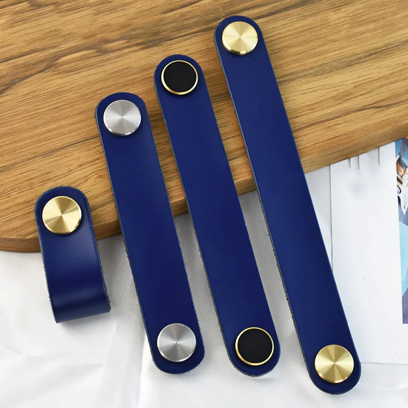 Blue Leather Furniture Handle Dresser Drawer Shoe Cabinet Pulls Vintage Wardrobe Gold Brass Door Knob Kitchen Accessory