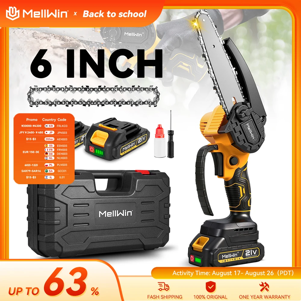 MELLWIN Electric Chain Saw 6 Inch Mini Handheld Pruning Saw Woodworking Cutting Tool for Makita 18V Battery Pin