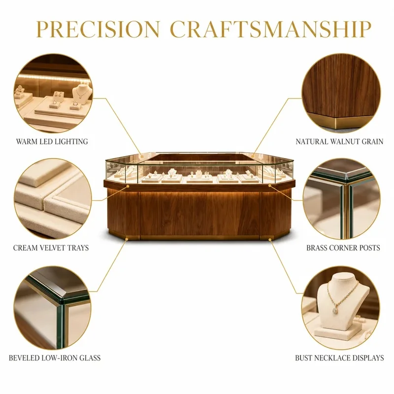 custom.Custom Antique Wood Glass Jewelry Display Cabinet with LED Light Durable Eco-Friendly Showcase Jewelry Store Museum
