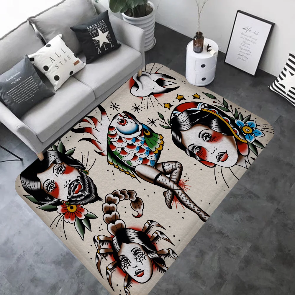 Old School Tattoo Pattern Floor Mat Non-Slip Laundry Room Mat Laundry Decor Balcony Child Living Room Household Carpets