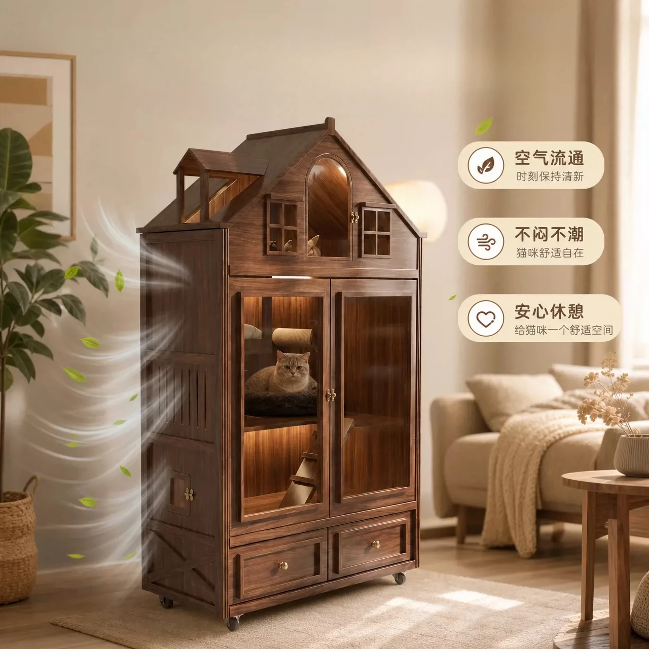 Pure solid wood large space smart cat villa four seasons universal cat cabinet cat nest with toilet