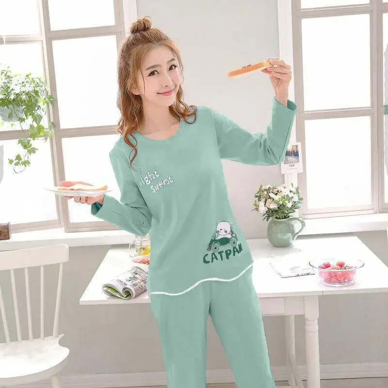 2Pcs/set sexy ladies pajamas cartoon long-sleeved college students homewear big size round neck long sleeve long trousers young