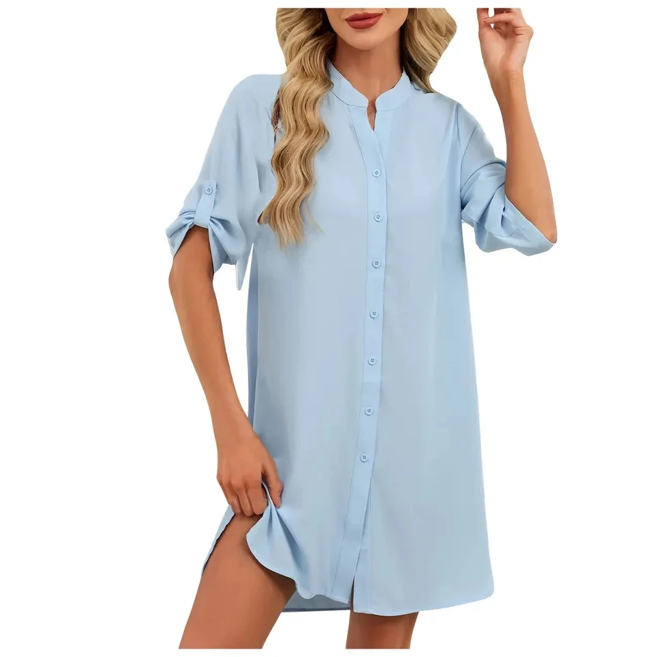 

2026 New Summer Women Shirt Dress Solid Short Sleeves Single Breasted Dresses Ladies Beach Holiday Sundress Robe Vestidos