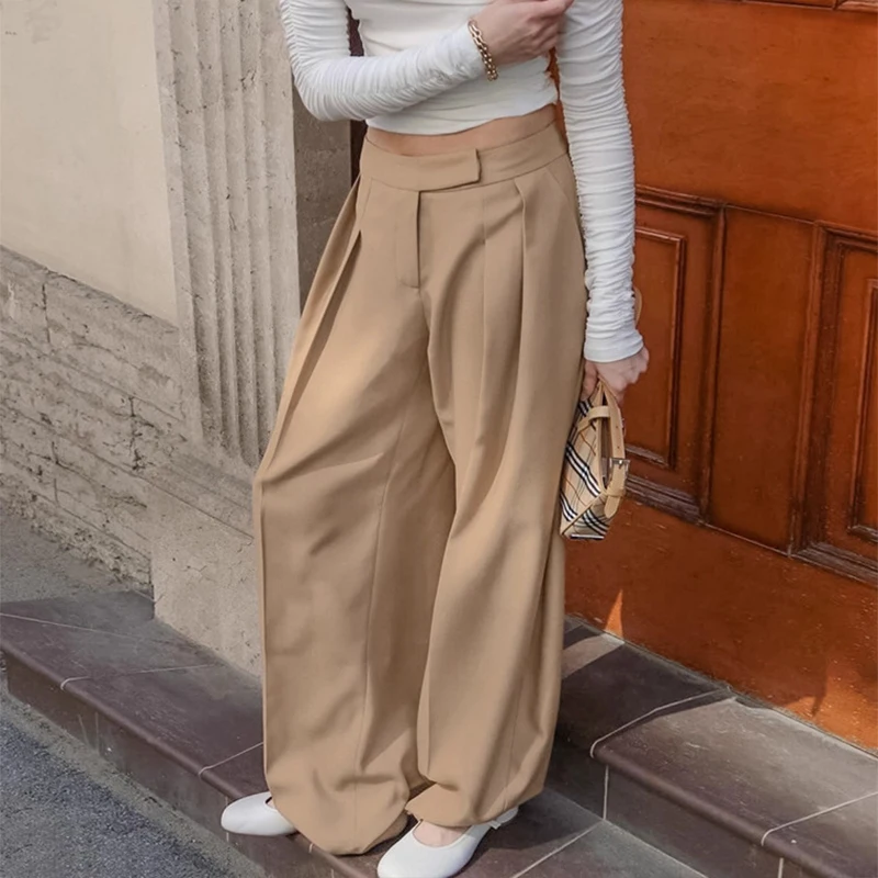 

Модные брюки BKLD для женщин, элегантные брюки цвета хаки с высокой талией, карманами и складками, универсальные повседневные прямые брюки в стиле ретро, уличная одежда