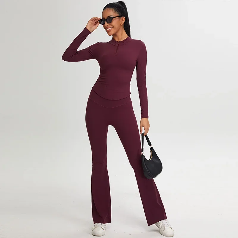 New Autumn and Winter Slim Fit Yoga Suit Set Women's Half Zipper Sports Top T-shirt Slightly Flared Wide Leg Yoga Pants