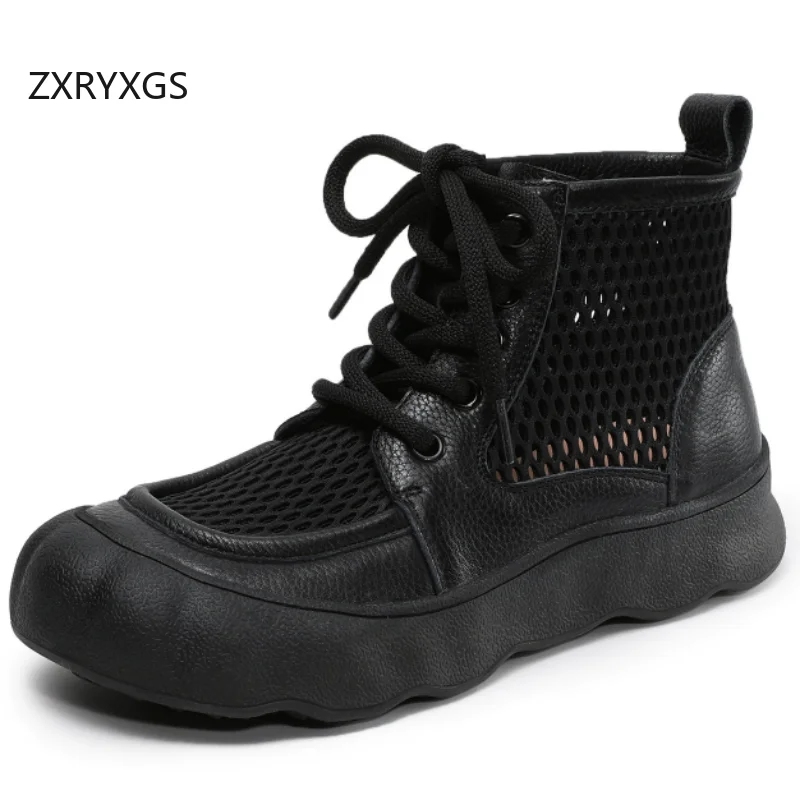 

ZXRYXGS Premium Mesh Top Cowhide Women Summer Boots 2026 New Trendy Breathable Boots Flat Thick Sole Lace Up Roman Cool Boots