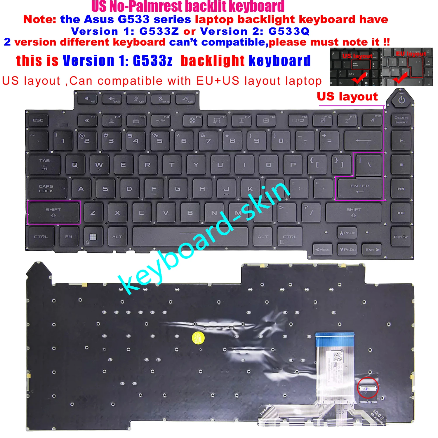 New interface US Backlit No-Palmrest Keyboard For ASUS ROG G15 G533Z G533ZM G533ZW G533ZS G533ZX laptop