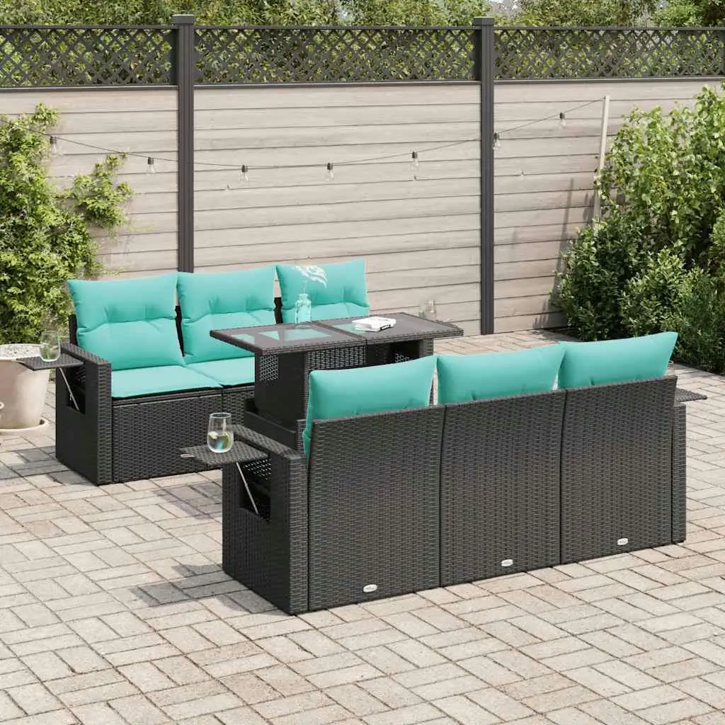 

7 Piece Outdoor Patio Sofa Set with Cushions Brown Poly Rattan Furniture Acacia Wood Garden Seating