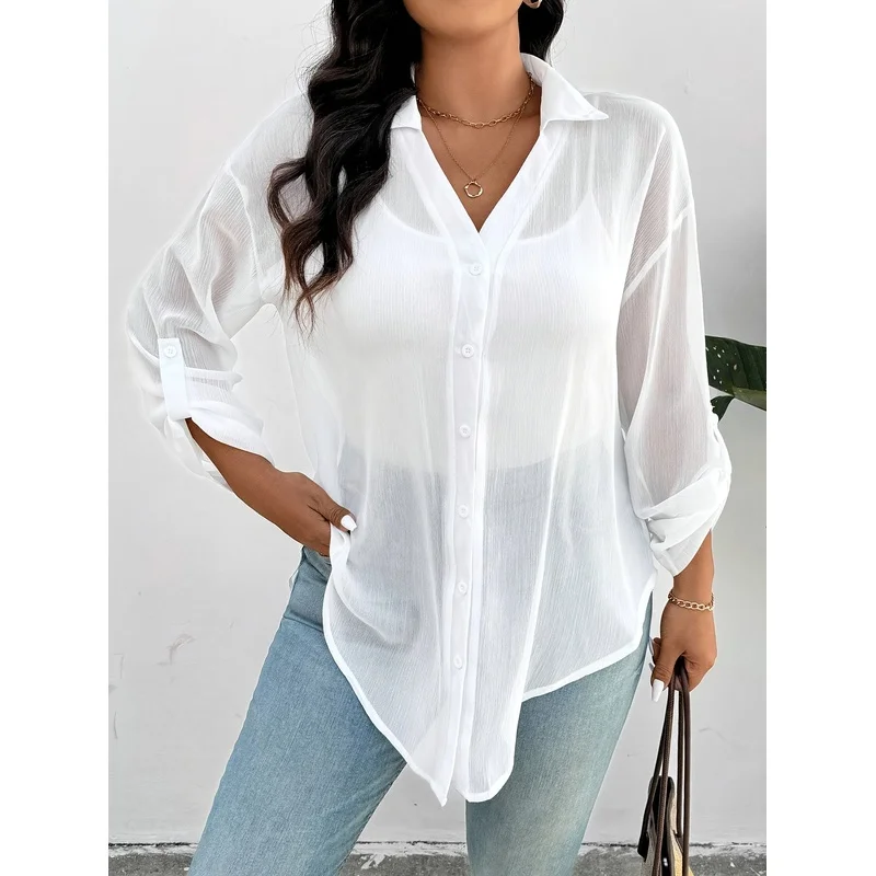 Plus Size, Plus Size Women's White Chiffon Shirt - Elegant Collar Blouse, Loose Fit Semi-Transparent Suitable