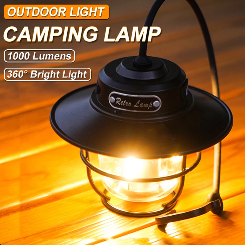 LED Camping Lamp Retro Hanging Lamp Portable Stepless Dimming Camping Light Waterproof Rechargeable Outdoor Light Lantern