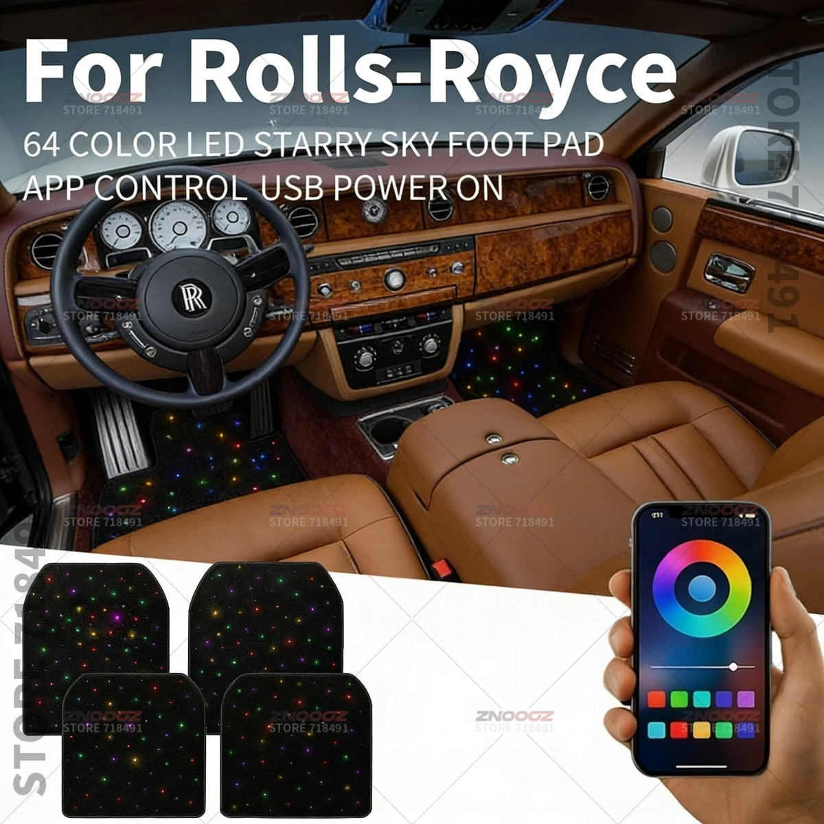 For Rolls-Royce Phantom Cullinan Ghost Wraith Dawn Spectre USB Car LED Starry Sky Foot Mat DIY Can Be Cut