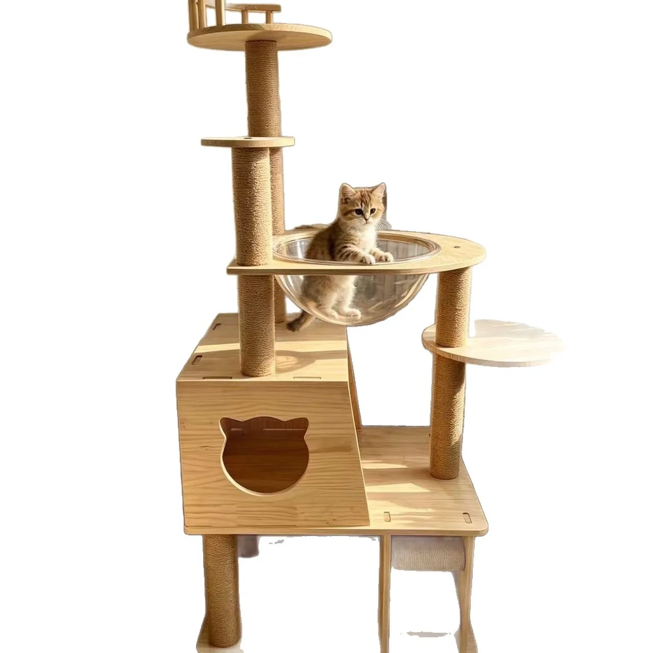 Oversized Solid Wood Cat Climbing Frame Wear-resistant Bold Solid Wood Column Multi-level Large Cat Tree With Enclosed Cat Nest
