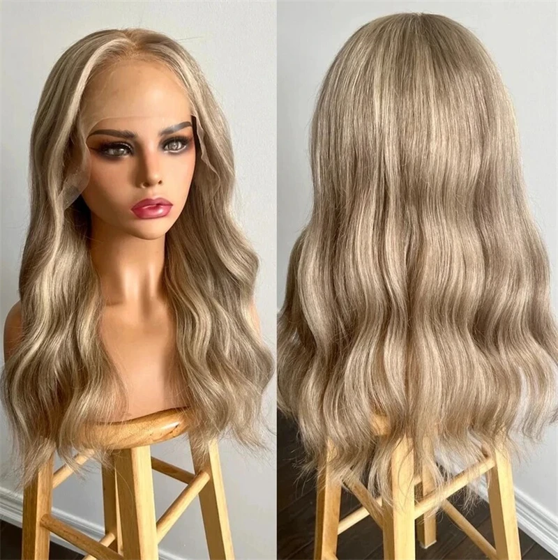 

Парик фронта шнурка Ombre Ash Blonde с коричневыми бликами волос 13x4 Длинные объемные волны Цвет омбре Парики из синтетического волокна 24-дюймовые вечерние