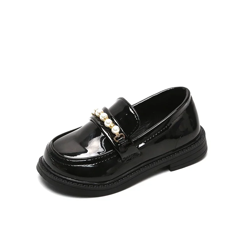 Girls Versatile Shoes PU Black Loafers 2024 Autumn New Retro Princess Soft Non-slip Simple Kid School Party Leather Shoes Pearls