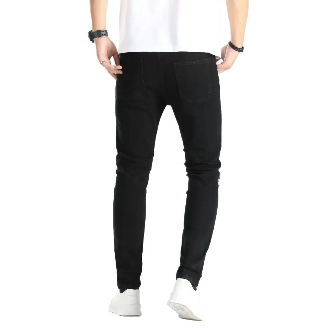 New style of perforated small leg men's pants with European and American elastic patches, trendy and fashionable jeans