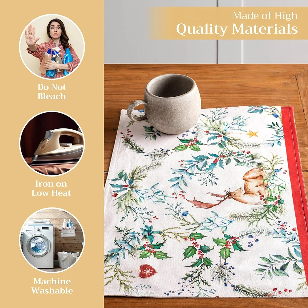 Napperon imprimé de renne de noël avec garniture rouge: décor de Table festif, napperon en lin, décoration de fête du nouvel an à la maison, 4 pièces