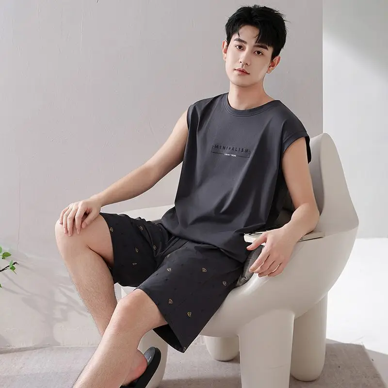 2026 Summer Plus Size Sleeveless 100% Cotton Pajama Sets for Men Korean Loose Sleepwear Pyjama Male Homewear Lounge Home Clothes