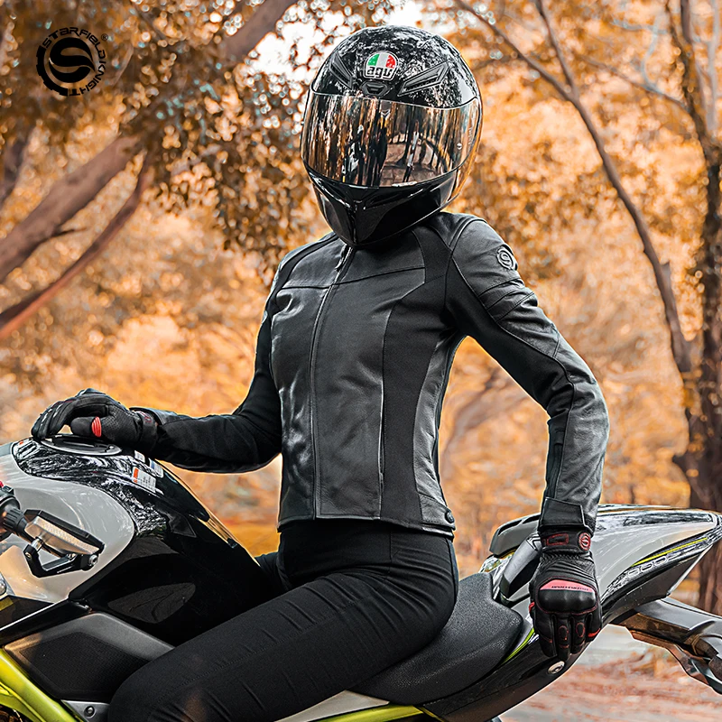 SFK Slim Fit Motorcycle Riding Women's Jacket Genuine Leather Winter Warm Cotton Detachable Liner With CE Protection Accessories