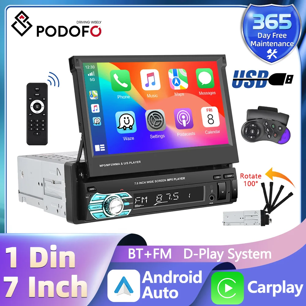 Podofo 7inch 1Din Car Radio Carplay Android Auto MP5 Player Mirror Link Bluetooth FM Retractable Touch Screen Multimedia Player