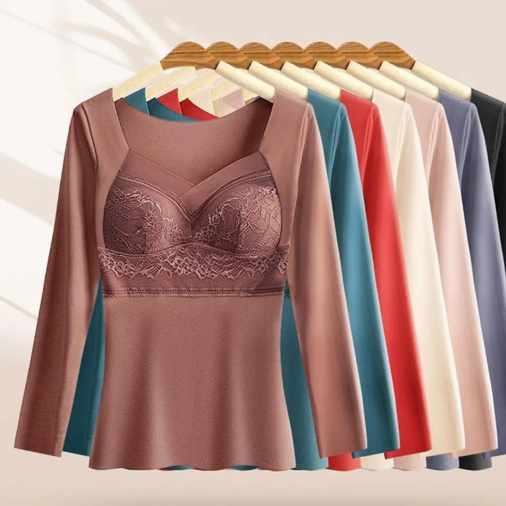 Ropa interior de Invierno para mujer, Jersey acolchado de encaje con cuello en V, Top cálido de felpa gruesa con tecnología de bloqueo de calor, suave