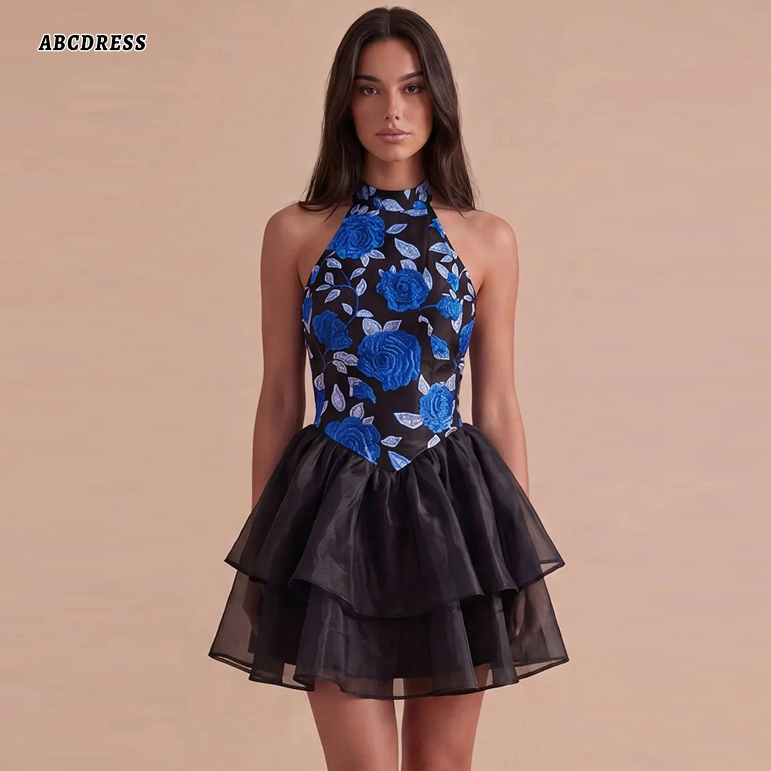 Customized Blue Black Floral Homecoming Dress Halter A Line Mini Cocktail Party Dresses Tiered Ruffled Tulle Prom Gown