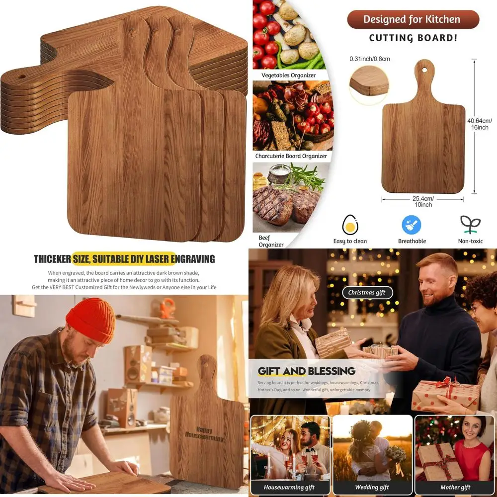 

Set of 12 Acacia Wood Cutting Boards, 16x10 with Handles, Ideal for Engraving & Serving at Weddings & Parties