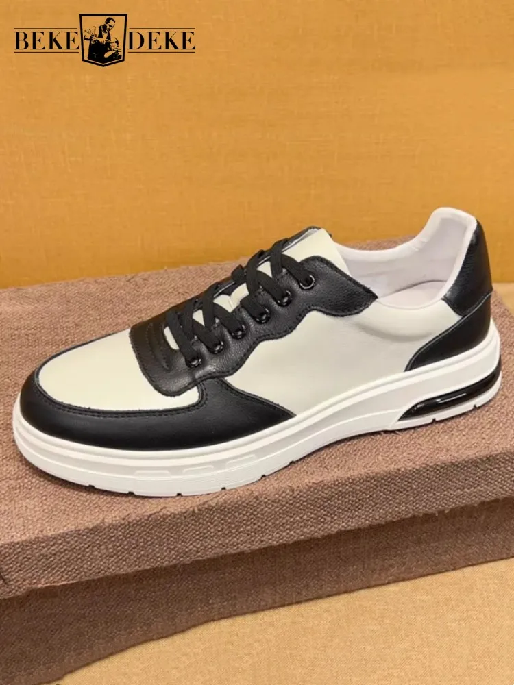Mens Genuine Leather Sneakers Round Toe Mixed Colors Fashion Cushioning Platform Casual Shoes Spring Summer Breathable Footwear