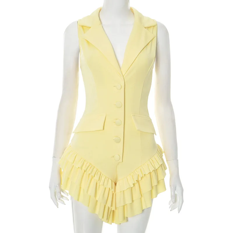 Elegante senhora sólido plissado hem playsuits 2025 verão feminino sem mangas com decote em v botão elegante ol festa rua curto macacão