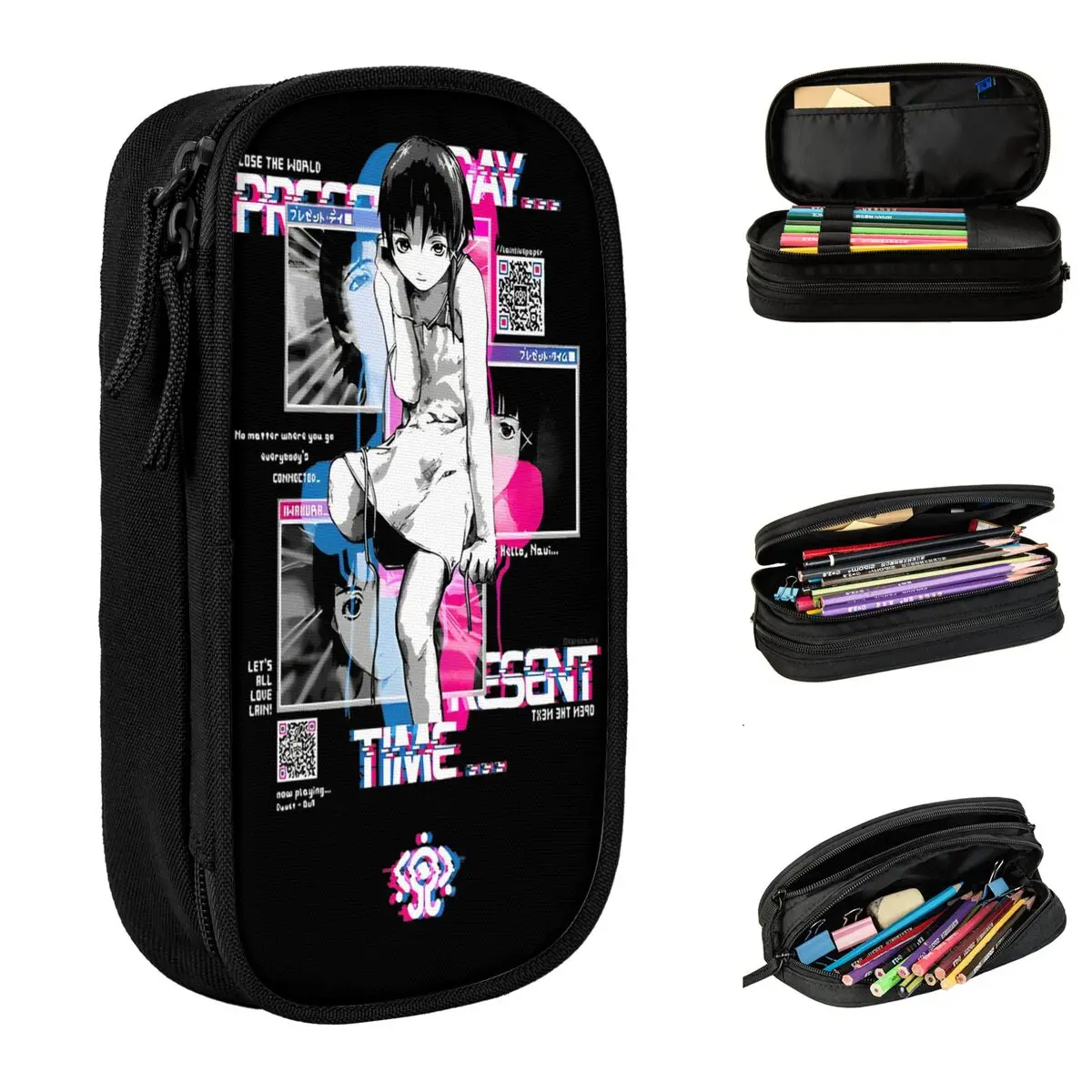 Glitchart Serial Experiments Lain Pencil Cases Anime Sci Fi Pen Box for Girls Boys Large Storage Bag Students School Accessories