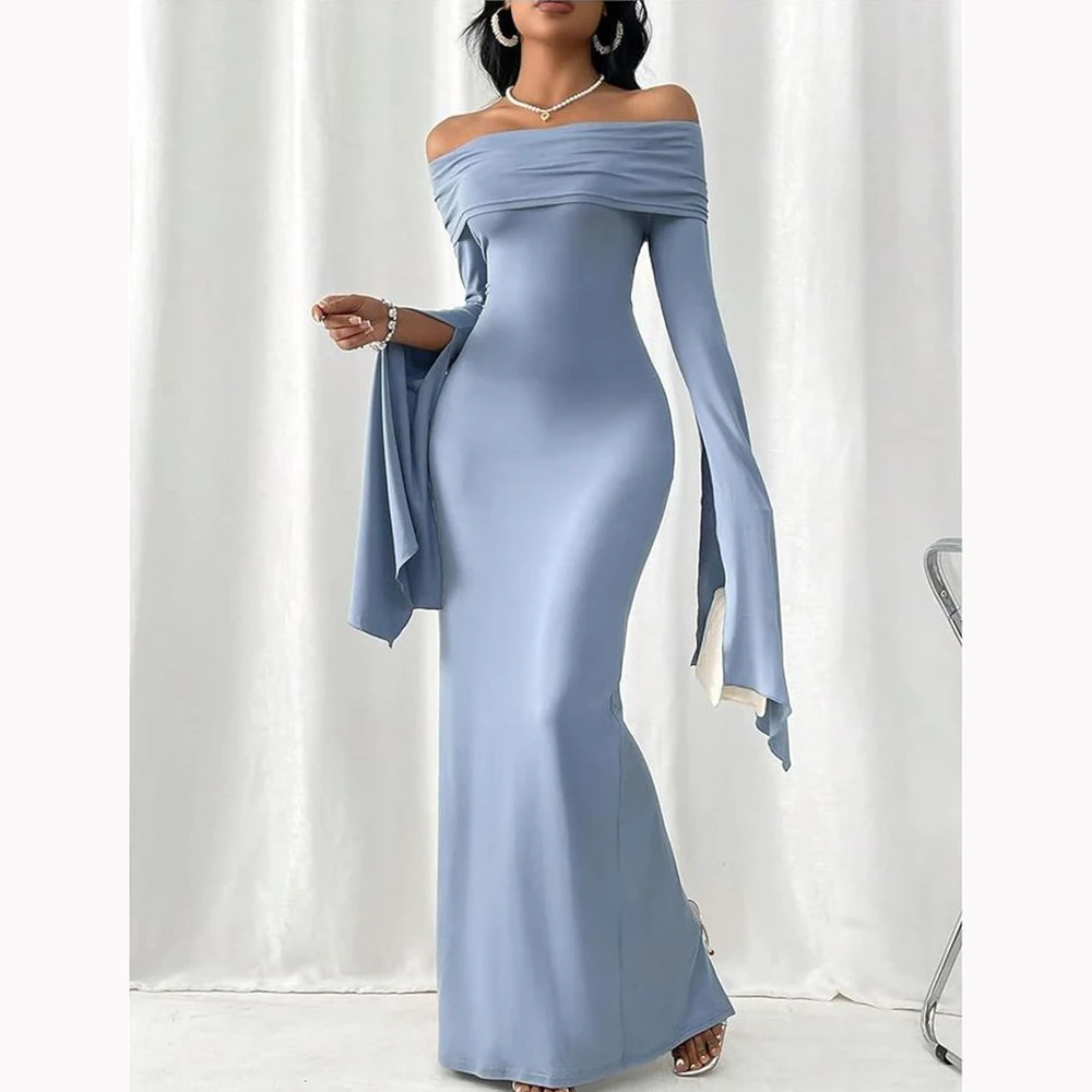 

Sky Blue Off-Shoulder Sheath Dress for Women Elegant Long Sleeve Chiffon Gown Slim-Fit Formal Evening Party Wear Solid Color