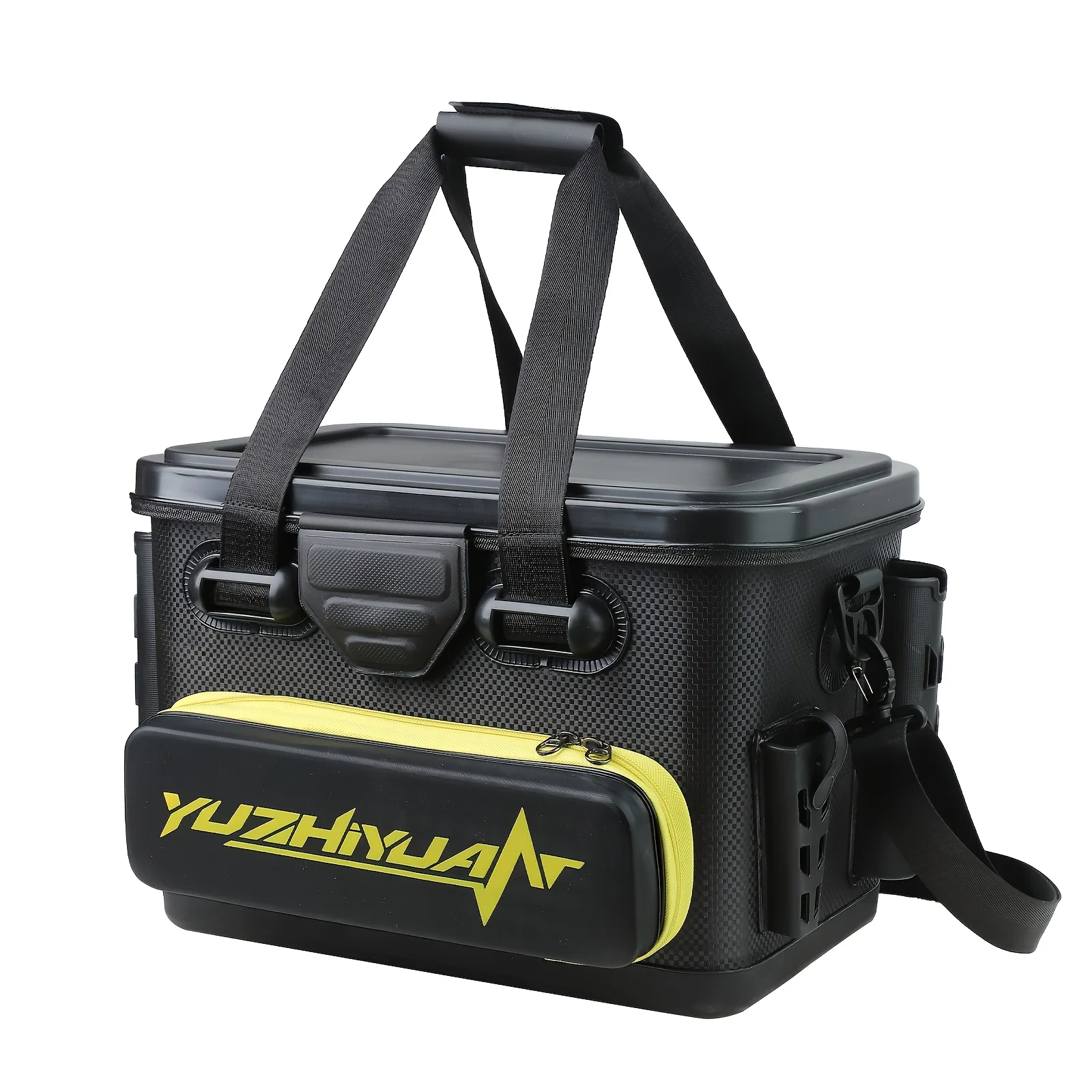 Large Capacity EVA Fishing Bucket with Lid, Portable Live Fish & Bait Bucket, Shoulder Strap, Storage Pocket, Gear Organizer