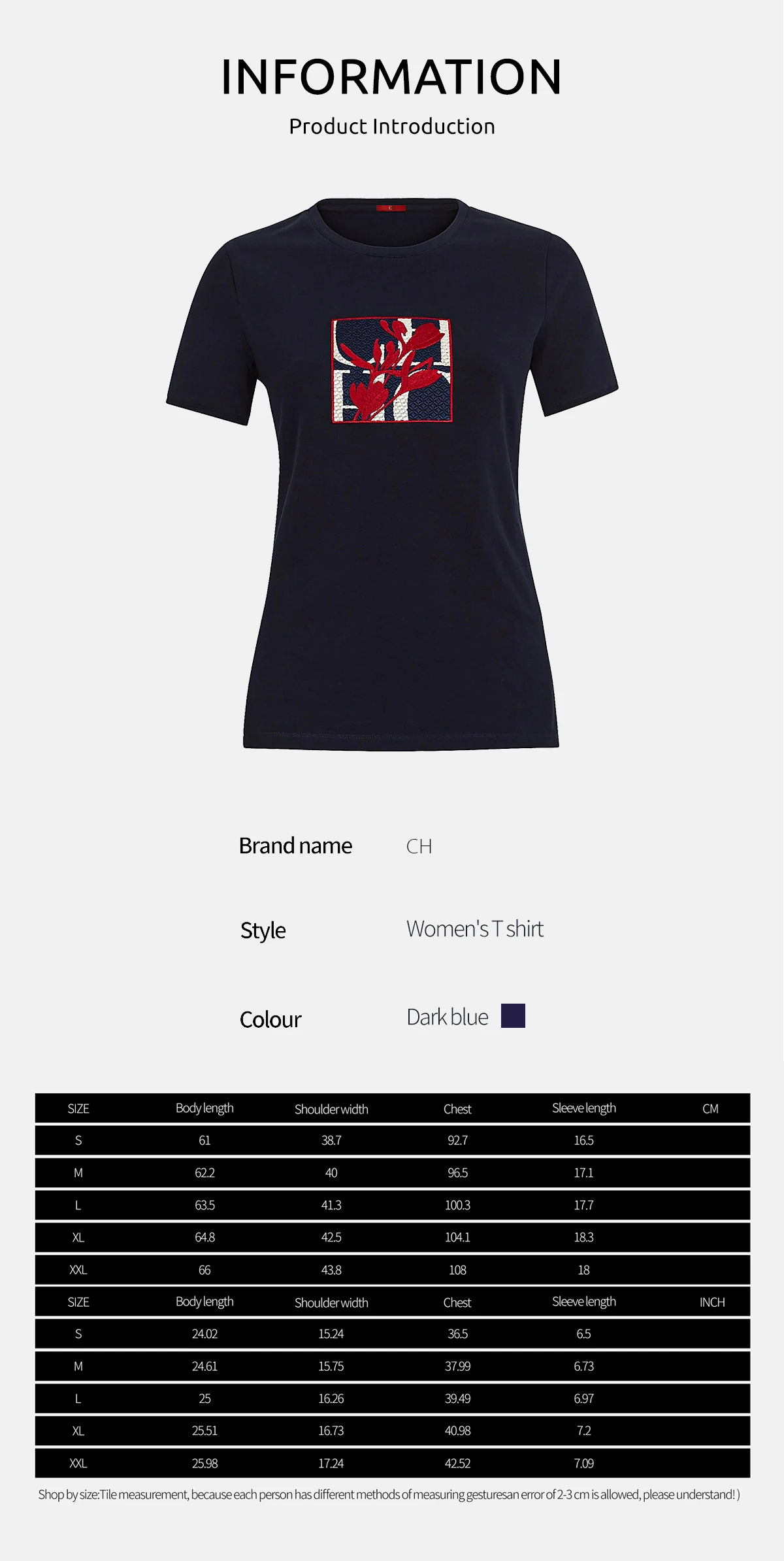 CH Women's Short-Sleeved T-Shirt, with a Round Neckline and Featuring a Red Floral embroidery Design, a Casual Everyday Top 89 Sfa48d78bd4684d0c83daf1cea12b3b6ad