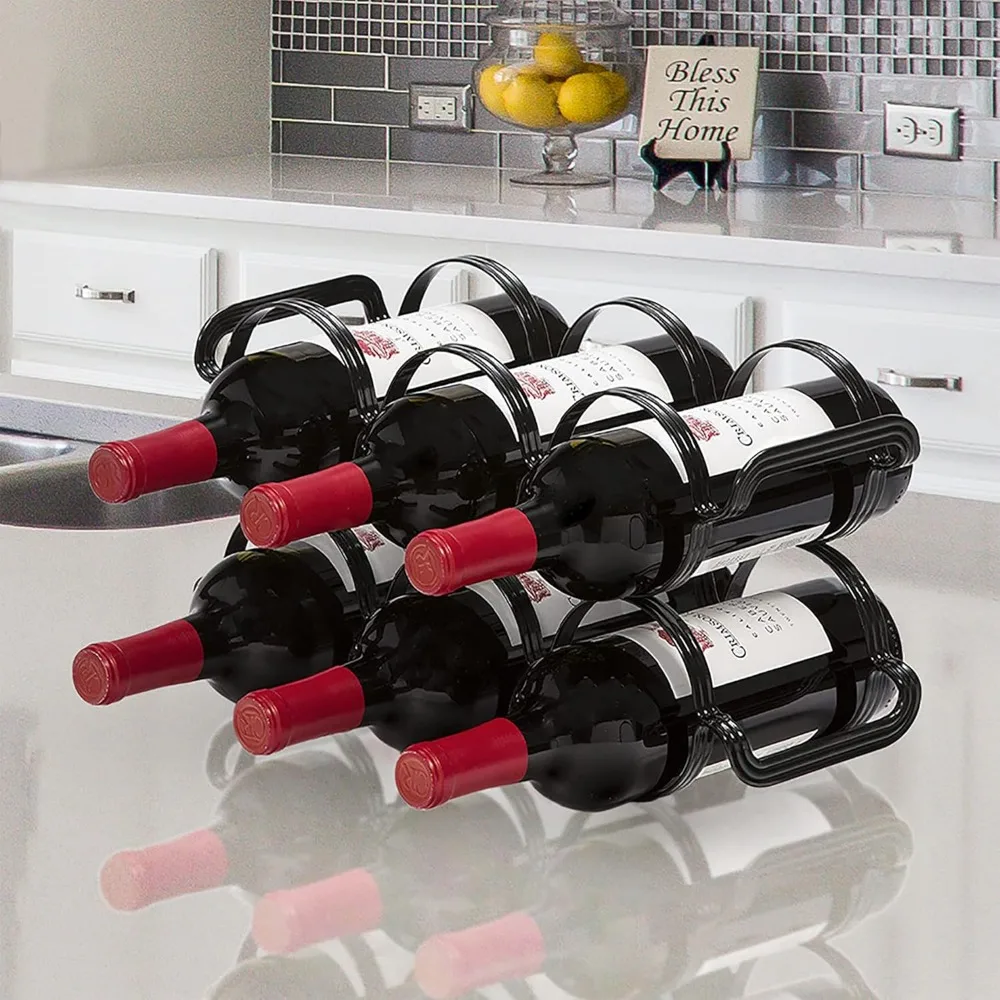6-Bottle Countertop Wine Rack - Steel Storage Organizer for Kitchen, Pantry, Fridge in Black