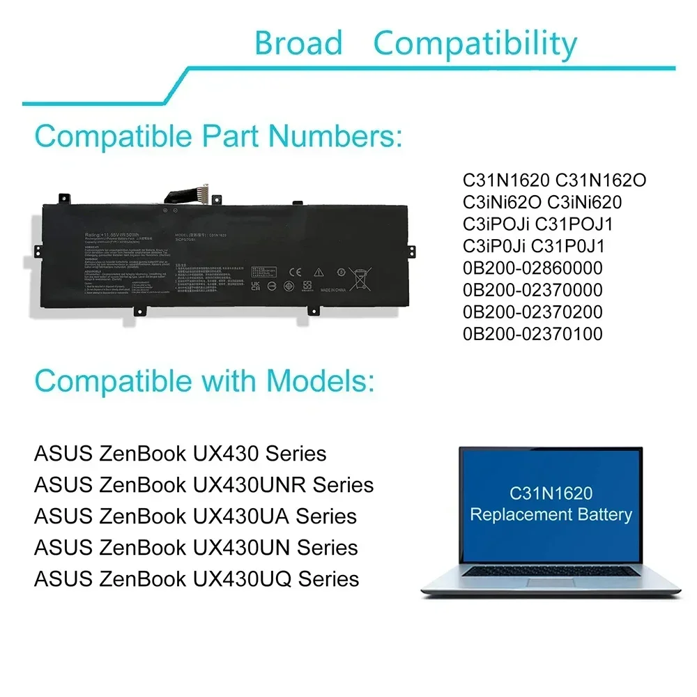 C31N1620 Battery Replacement for Asus Zenbook UX430 UX430U UX430UAR UX430UA UX430UN UX430UNR UX430UQ UX430UQ-GV015T U4100 U4100U