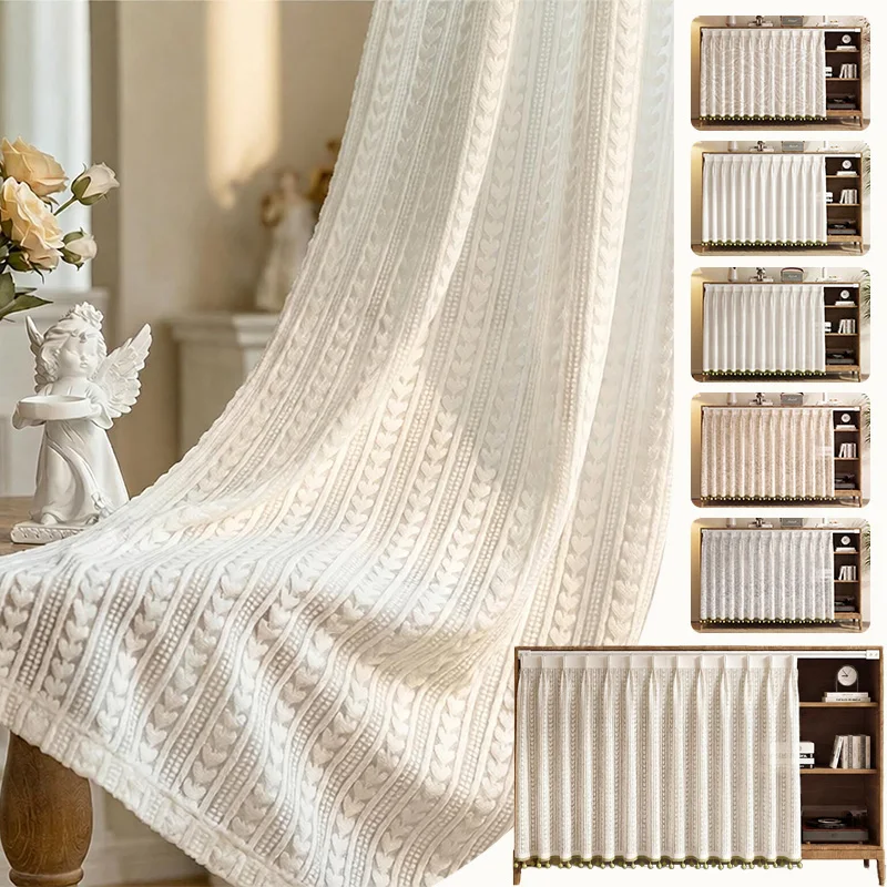 1PC Sheer Gauze Cabinet Curtain Pom‑pom Trim No‑Drill Slide Rail Dustproof Cover For Shelf Cupboard Shoe Bookcase Home Decor