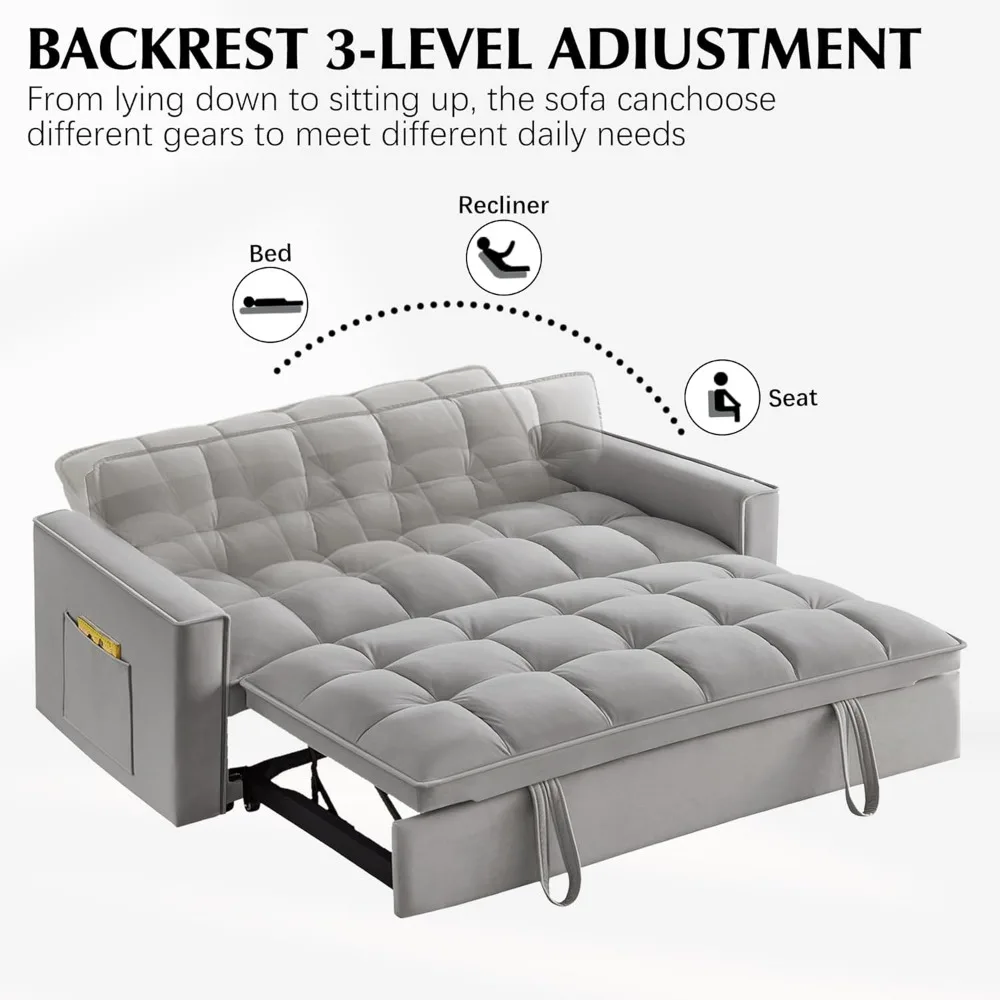 3 in 1 Sleeper Sofa Couch Bed, Storage Pockets & 2 Pillows, Modern Sofa Bed Couch,Velvet Convertible Sofa Bed