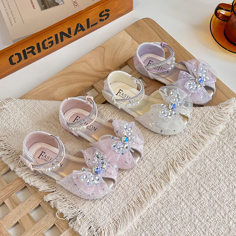 Mädchen-Sandalen mit Strass, Glitzer, Netzstoff und Perlen-Dekor, Prinzessinnen-Sandalen mit Verstellbarem Riemen, Rutschfester Weicher Sohle für Sommerpartys