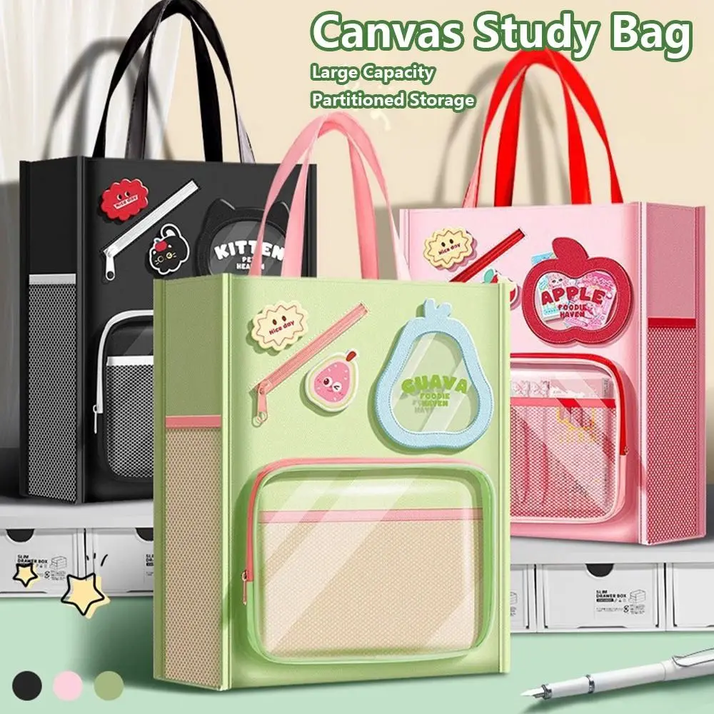Cartoon Seven Layers Canvas Handbag Portable Multifunctional Books Bag Large Capacity Document Organizer School Office