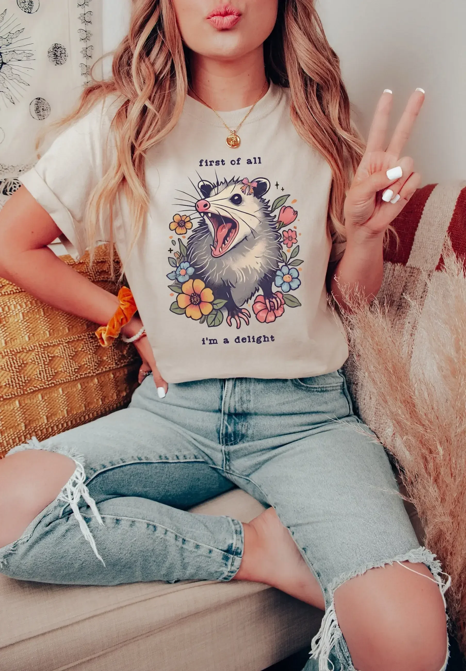 TEE First Of All I'M A Delight Possum T Shirt Funny Opossum Coquette Clothes S Cottage Core Feral Girl Summer Meme