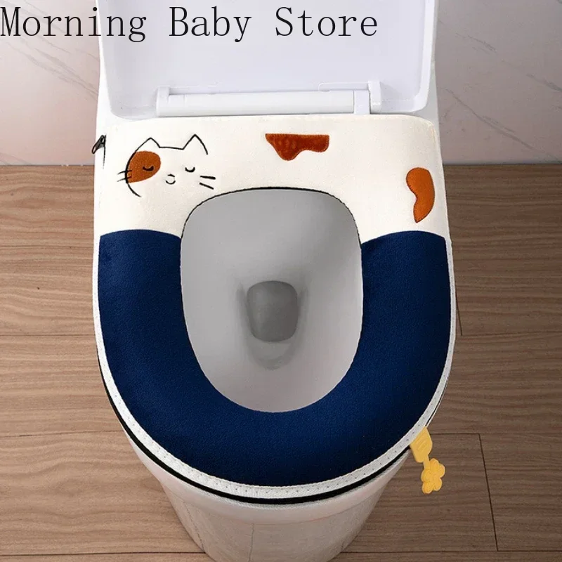 Warmer Washable Toilet Mat Cover Pad Cushion Soft Cartoon Cat Embroidery Toilet Seat Cover with Zipper Bathroom Accessories