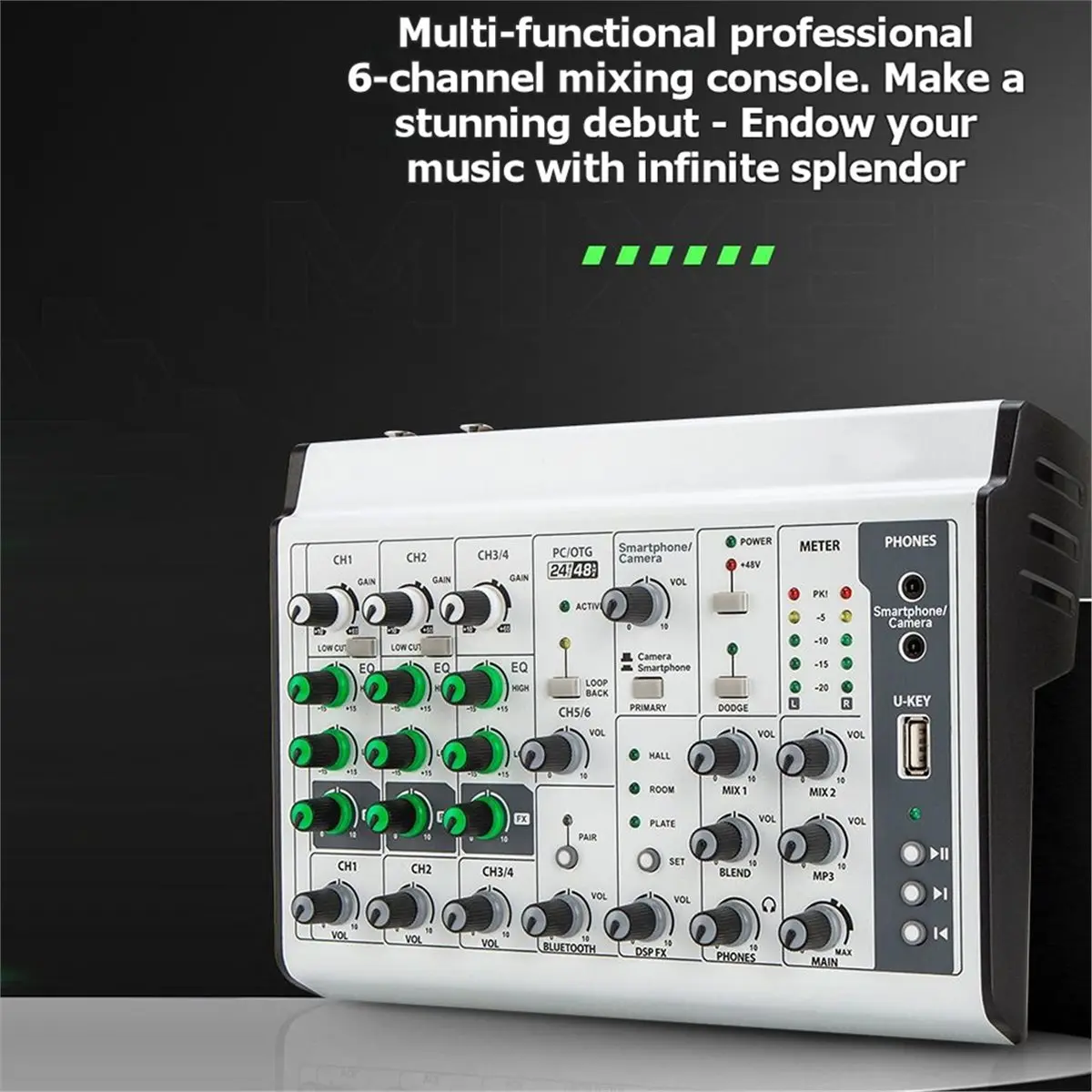6-Channel OTG Audio Mixer Bluetooth USB Connection Live Streaming Recording 48V High and Low Frequency Adjustment