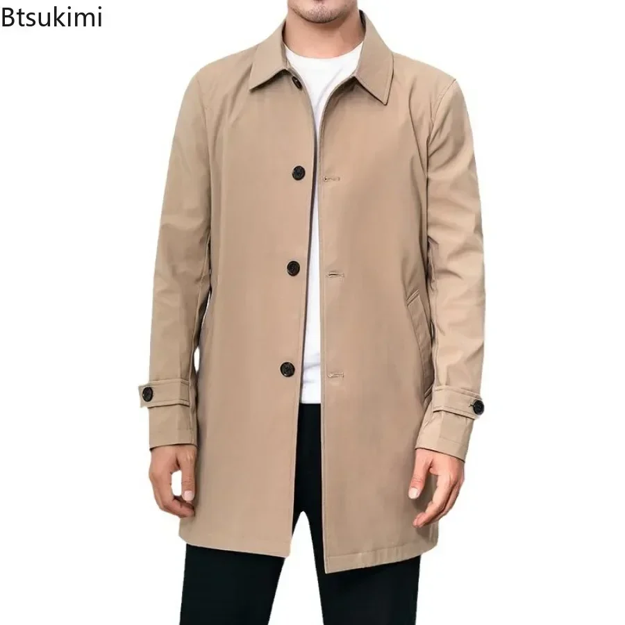 2025Men's Brand Trench Coats Business Casual Solid Color Mid-length Jackets Fashion Lapel Windbreaker Coats Male Outerwear Coats