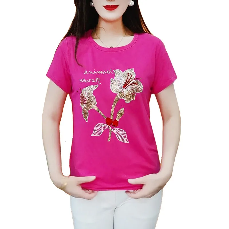 Summer Pink Short Sleeve New T Shirt Women High Elasticity Beautiful Maple Leaves Lily Fashion Hot Drilling Y2k Tops Mother Tees